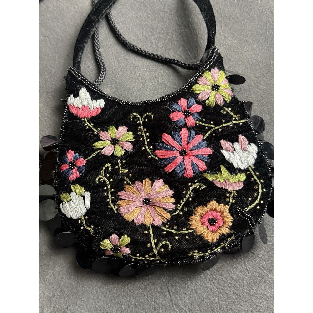 La Regale Black Velvet Floral Embroidered Evening Bag Sequins Boho Fairycore